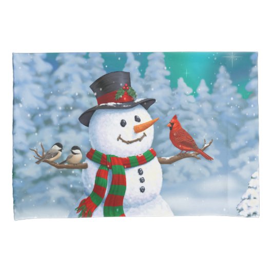 Happy kerstman & Birds Winter Scene Kussensloop (Voorkant-Rechts)