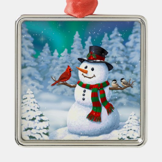 Happy kerstman & Birds Winter Scene Metalen Ornament (Voorkant)