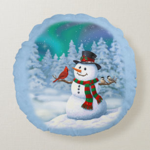 Happy kerstman & Birds Winter Scene Rond Kussen
