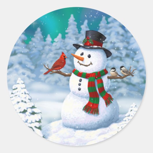 Happy kerstman & Birds Winter Scene Ronde Sticker (Voorkant)