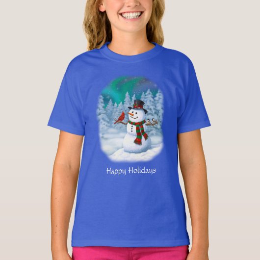 Happy kerstman & Birds Winter Scene T-shirt (Voorkant)
