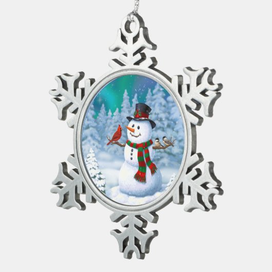 Happy kerstman & Birds Winter Scene Tin Sneeuwvlok Ornament (Rechts)