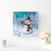 Happy kerstman & Birds Winter Scene Vierkante Klok (Huis)