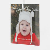 Happy Kerstmet Elegant White Script Baby Foto Glas Ornament (Voorkant links)