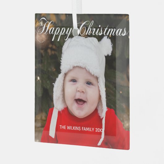 Happy Kerstmet Elegant White Script Baby Foto Glas Ornament (Voorkant links)