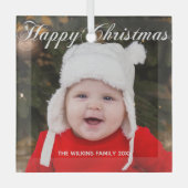 Happy Kerstmet Elegant White Script Baby Foto Glas Ornament (Voorkant)