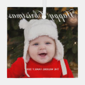 Happy Kerstmet Elegant White Script Baby Foto Glas Ornament (Achterkant)