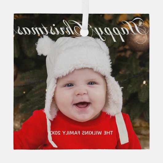 Happy Kerstmet Elegant White Script Baby Foto Glas Ornament (Achterkant)