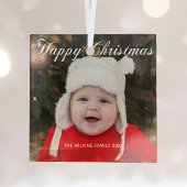Happy Kerstmet Elegant White Script Baby Foto Glas Ornament