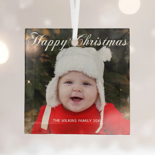 Happy Kerstmet Elegant White Script Baby Foto Glas Ornament