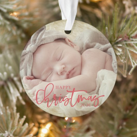 Happy Kerstmis Simple Script Custom Baby Photo Ornament (Boom)