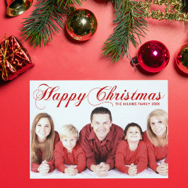 Happy KerstRed Elegant Cursive Script Foto Feestdagenkaart