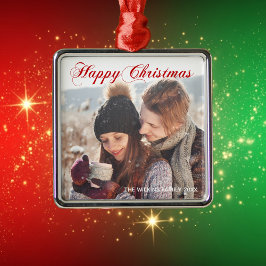Happy KerstRed Elegant Script Couple Foto Metalen Ornament