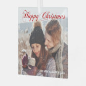 Happy KerstRed Elegant Script Family Foto Glas Ornament (Voorkant links)