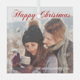 Happy KerstRed Elegant Script Family Foto Glas Ornament
