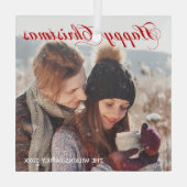Happy KerstRed Elegant Script Family Foto Glas Ornament (Achterkant)