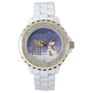 Happy Kerstsnowman en Cute Reindeer Horloge