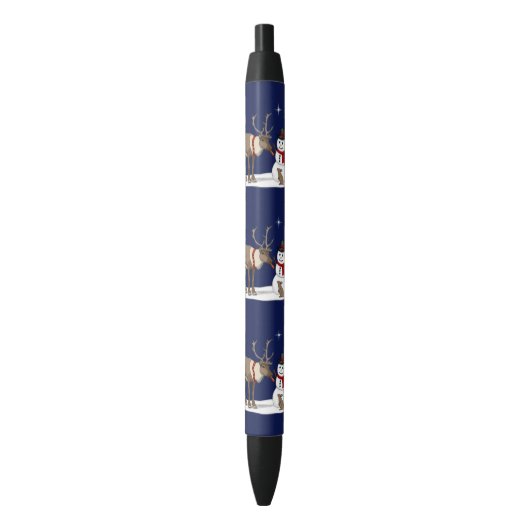 Happy Kerstsnowman en Cute Reindeer Zwarte Inkt Pen (Voorkant Verticaal)