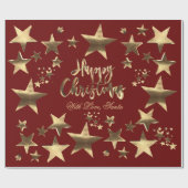Happy Kerststerren Red Gold Elegant Script Cadeaupapier (Vlak)