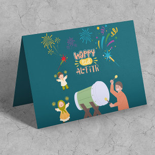 Happy Kinder Play Fireworks Celebrate Eid Mubarak Kaart