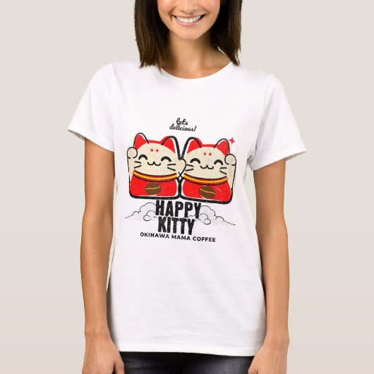 Happy Kitty Coffee T-Shirt Cute Lucky Cat Graphic  (Voorkant)
