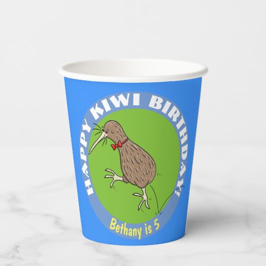 Happy kiwi-cartoon vogel met stropdas papieren bekers (Achterkant)