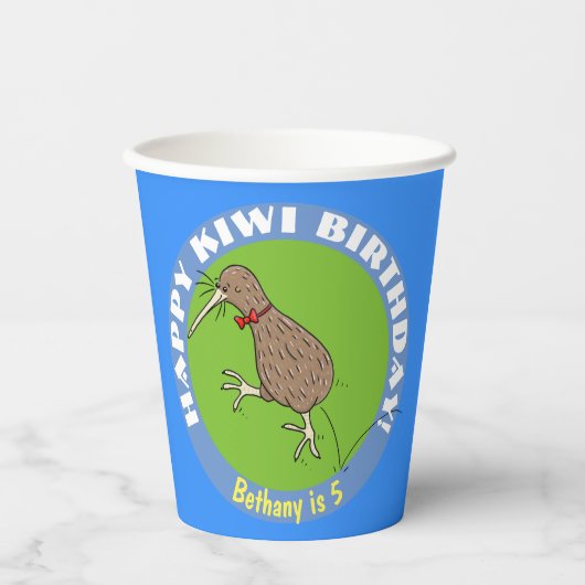 Happy kiwi-cartoon vogel met stropdas papieren bekers (Voorkant)