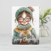 Happy Knitter Gezellige Winter Crafting Xmas Feestdagenkaart (Staand voorkant)