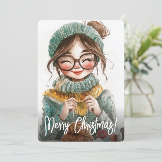 Happy Knitter Gezellige Winter Crafting Xmas Feestdagenkaart (Staand voorkant)
