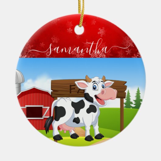 Happy Koe kerstkeramisch Ornament (Voorkant)