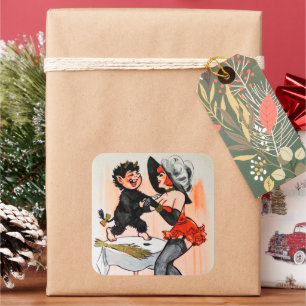 Happy Krampus met Temptress Vintage Kerstmis Vierkante Sticker