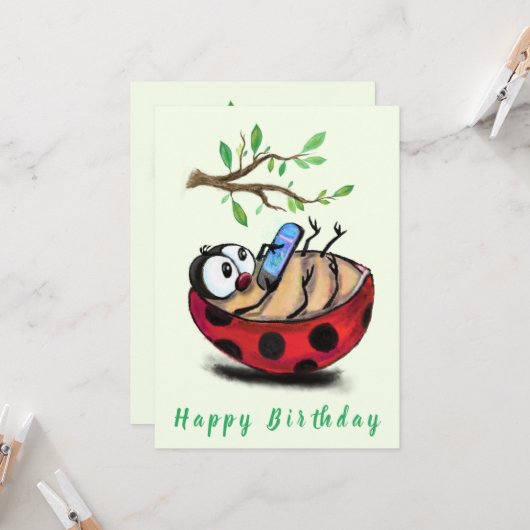Happy Ladybug met Telefoon Funny Birthday Kaart (Voorkant / Achterkant in situ)