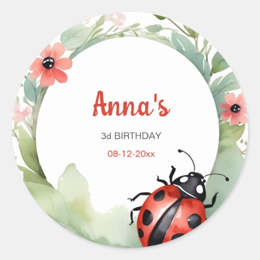 Happy Ladybug verjaardagsuitnodiging Ronde Sticker (Voorkant)