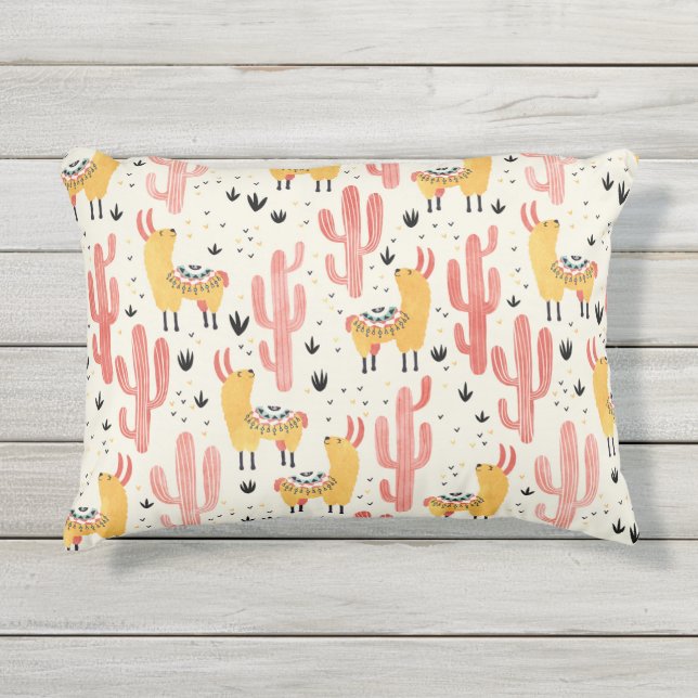 Happy lama met cactus buitenkussen (Voorkant)