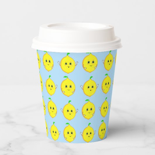 Happy Lemons op Light Blue Papieren Bekers (Voorkant)