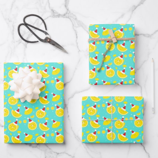 Happy Lemons Santa Hats Pattern Kerstmis Inpakpapier Vel (Voorkant)