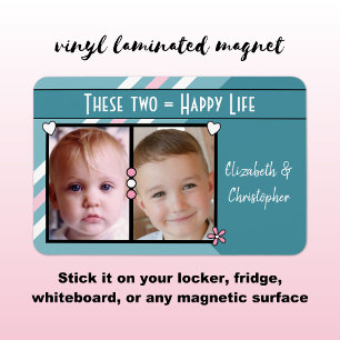 Happy life add 2 foto's en namen turquoise roze magneet