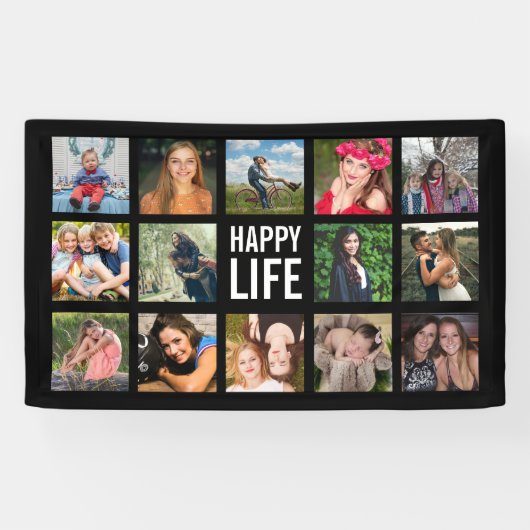 Happy Life Photo Collage Black Custom Banner (Horizontaal)