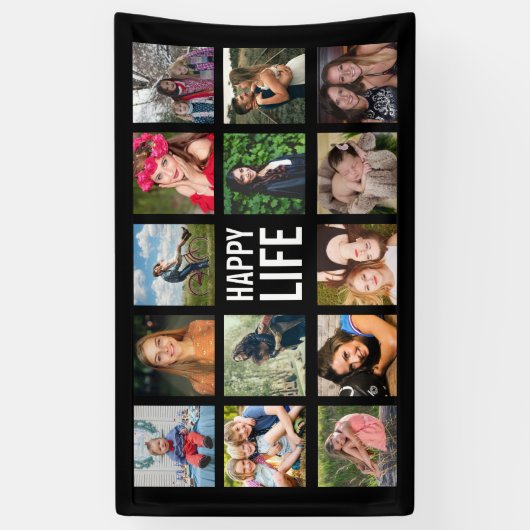 Happy Life Photo Collage Black Custom Banner (Verticaal)