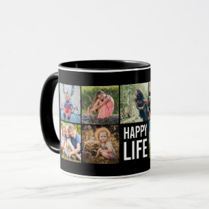 Happy Life Photo Collage Black Custom Coffee Mok