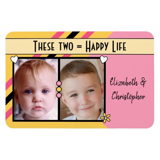 Happy life voeg 2 foto's en namen geel roze toe magneet (Horizontaal)