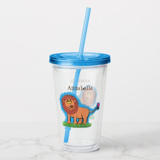 Happy lion met vlinderse cartoon illustratie acryl drinkbeker (Achterkant)