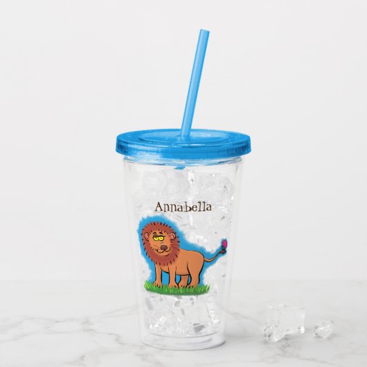 Happy lion met vlinderse cartoon illustratie acryl drinkbeker (Achterkant ijs)