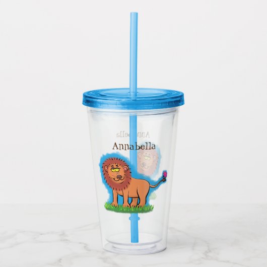 Happy lion met vlinderse cartoon illustratie acryl drinkbeker (Voorkant)