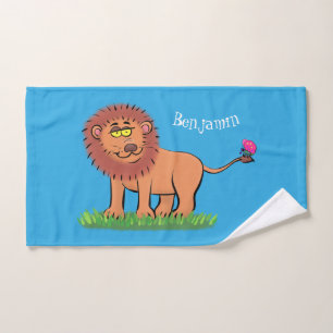 Happy lion met vlinderse cartoon illustratie bad handdoek