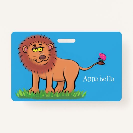 Happy lion met vlinderse cartoon illustratie badge (Voorkant)