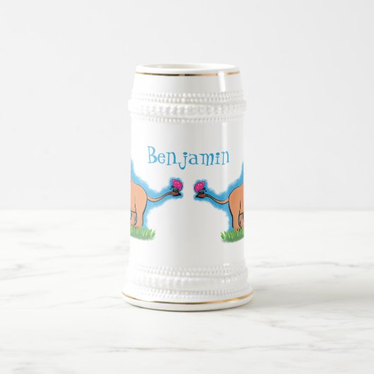 Happy lion met vlinderse cartoon illustratie bierpul (Center)