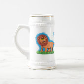 Happy lion met vlinderse cartoon illustratie bierpul (Links)