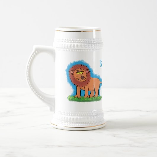 Happy lion met vlinderse cartoon illustratie bierpul (Links)