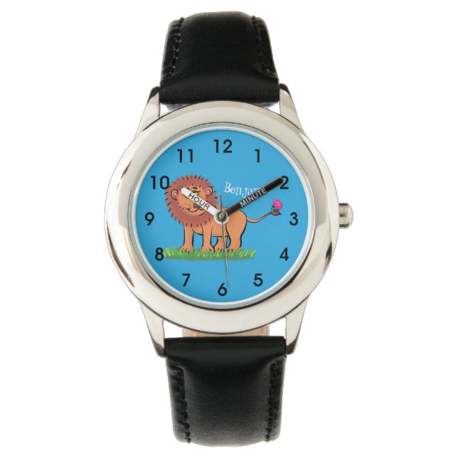 Happy lion met vlinderse cartoon illustratie horloge (Voorkant)